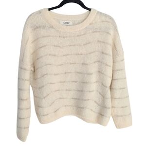 SUD EXPRESS round crew neck alpaca mohair cream beige tan striped sweater Large